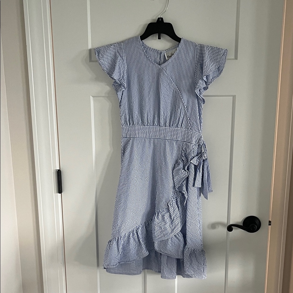 Rare Editions Seersucker Blue Striped Ruffle Dress